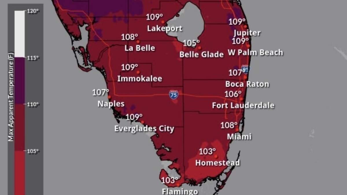 A heat advisory is in effect Sunday, Aug. 16, 2026, for all of South Florida.